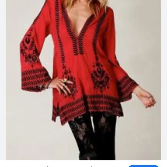 FREE PEOPLE Boho Embroidered Top Tunic or Mini Dress Hooded Swim Cover Up Red - Picture 3 of 15